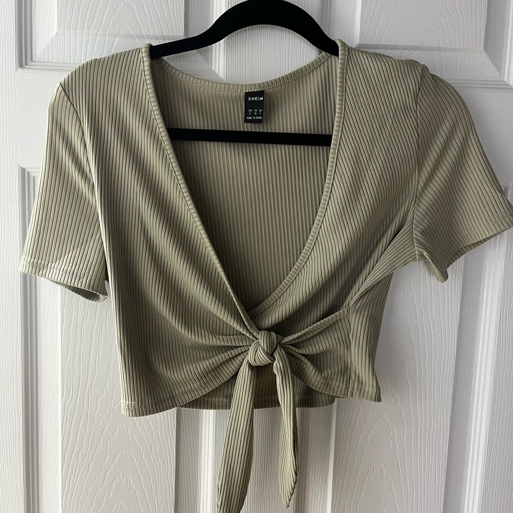 SHEIN Sage Ribbed Tie-Front Crop Blouse
